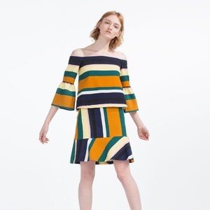 ZARA Striped Off the Shoulder Bell Sleeve Crop Top